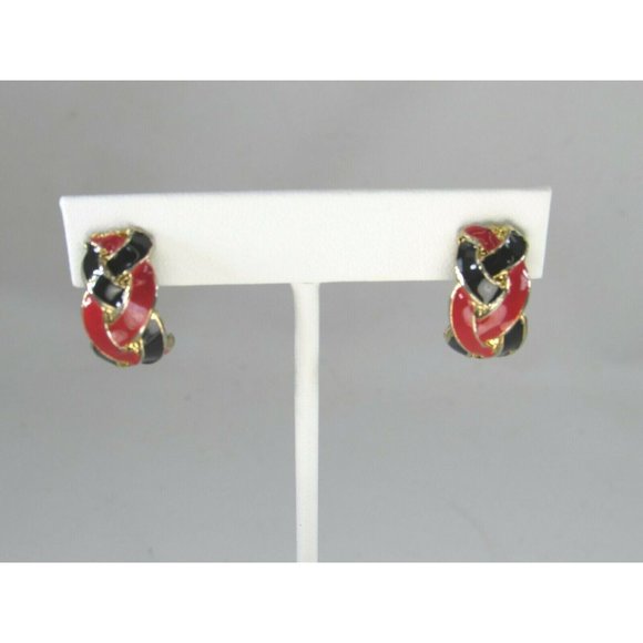 Vintage Red Blue Braided Enamel Pierced Earrings 51524 - Picture 3 of 6